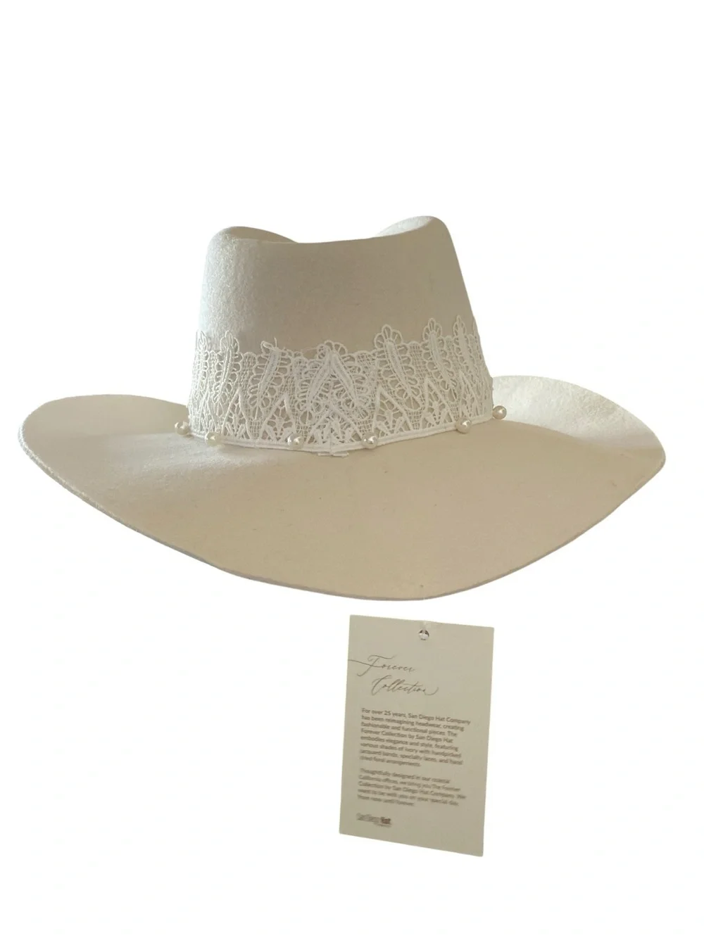 SD Hat Co Now & Forever Wool Felt Cowgirl Hat Lace Pearl Bridal festival Boho